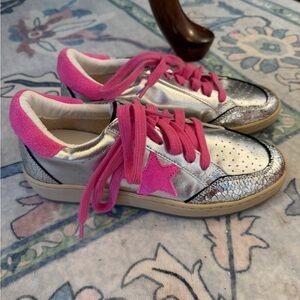 Silver Sneakers with Pink Accents